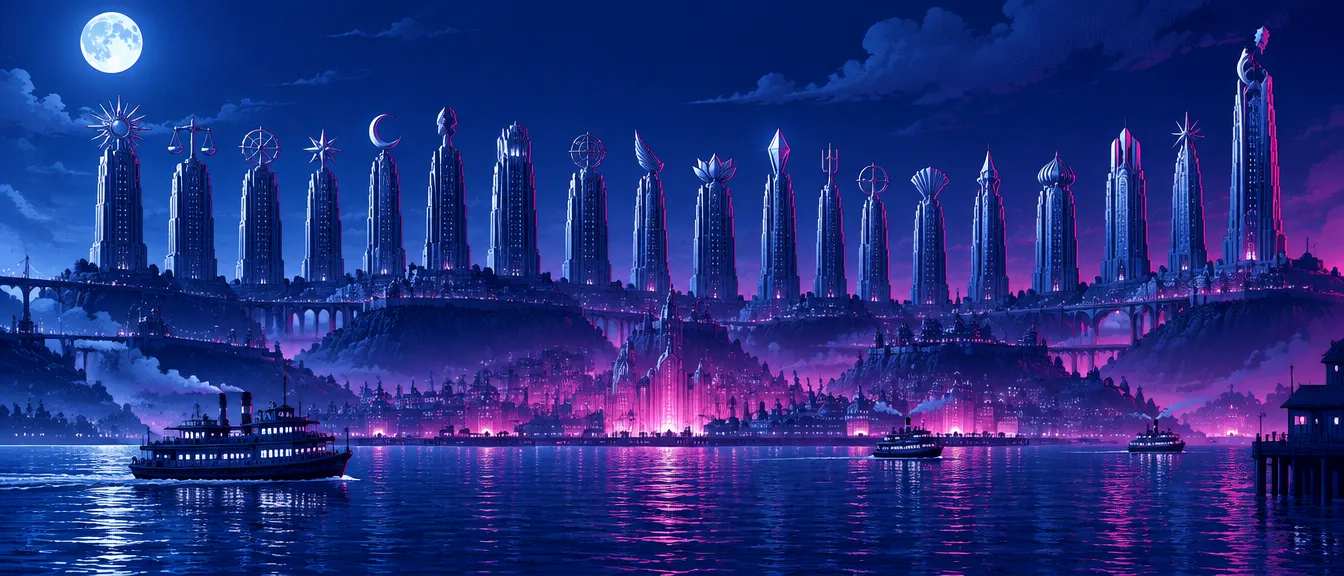 Dua puluh dua menara Art Deco berjajar di punggung bukit di atas teluk Arcanaire